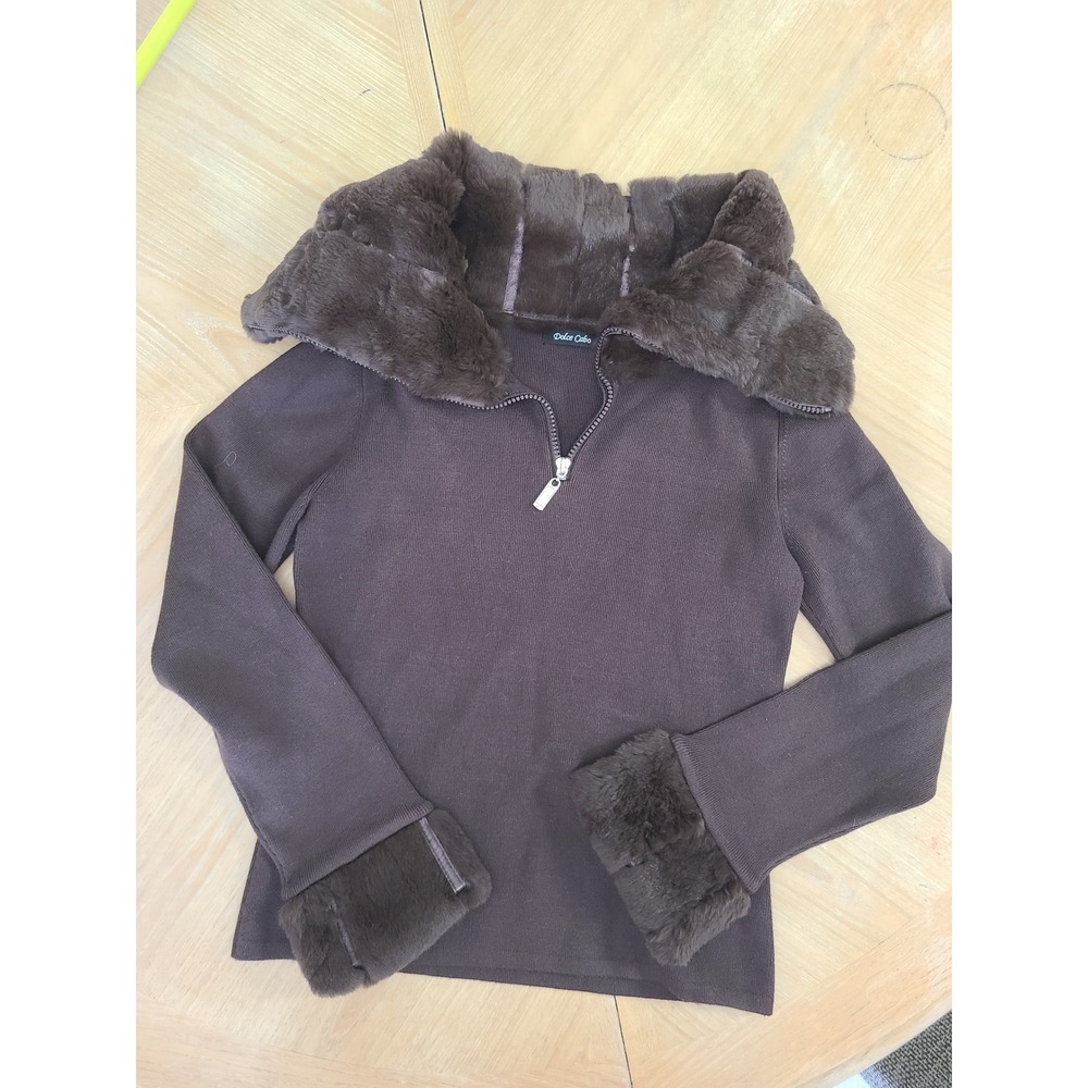 Dolce Cabo Sweater Women M Brown Faux Fur Trim Quarter Zip Ribbed